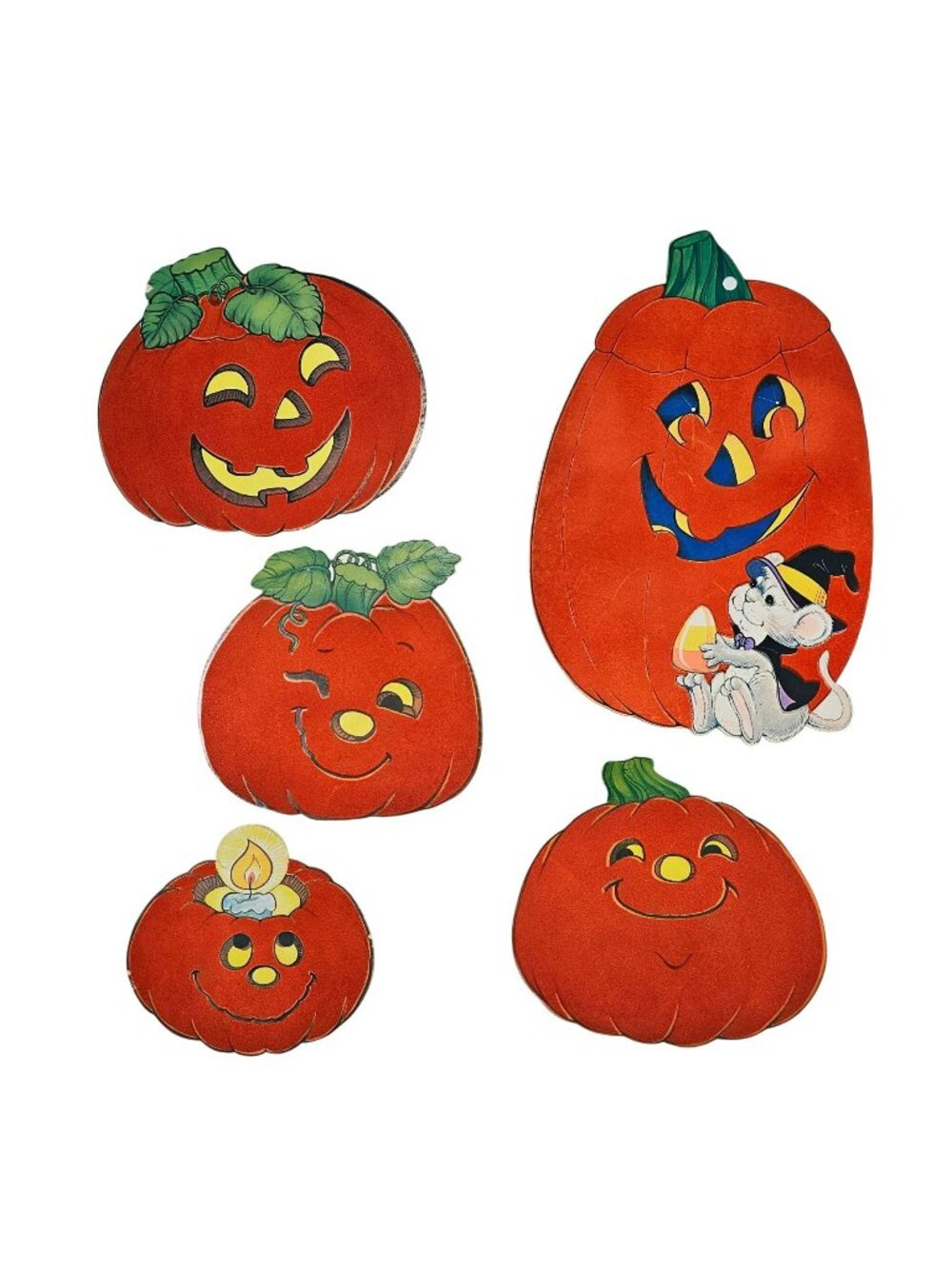 Lot of 5 Vintage Die Cut Felted Pumpkin Cut-Out Halloween Decorations